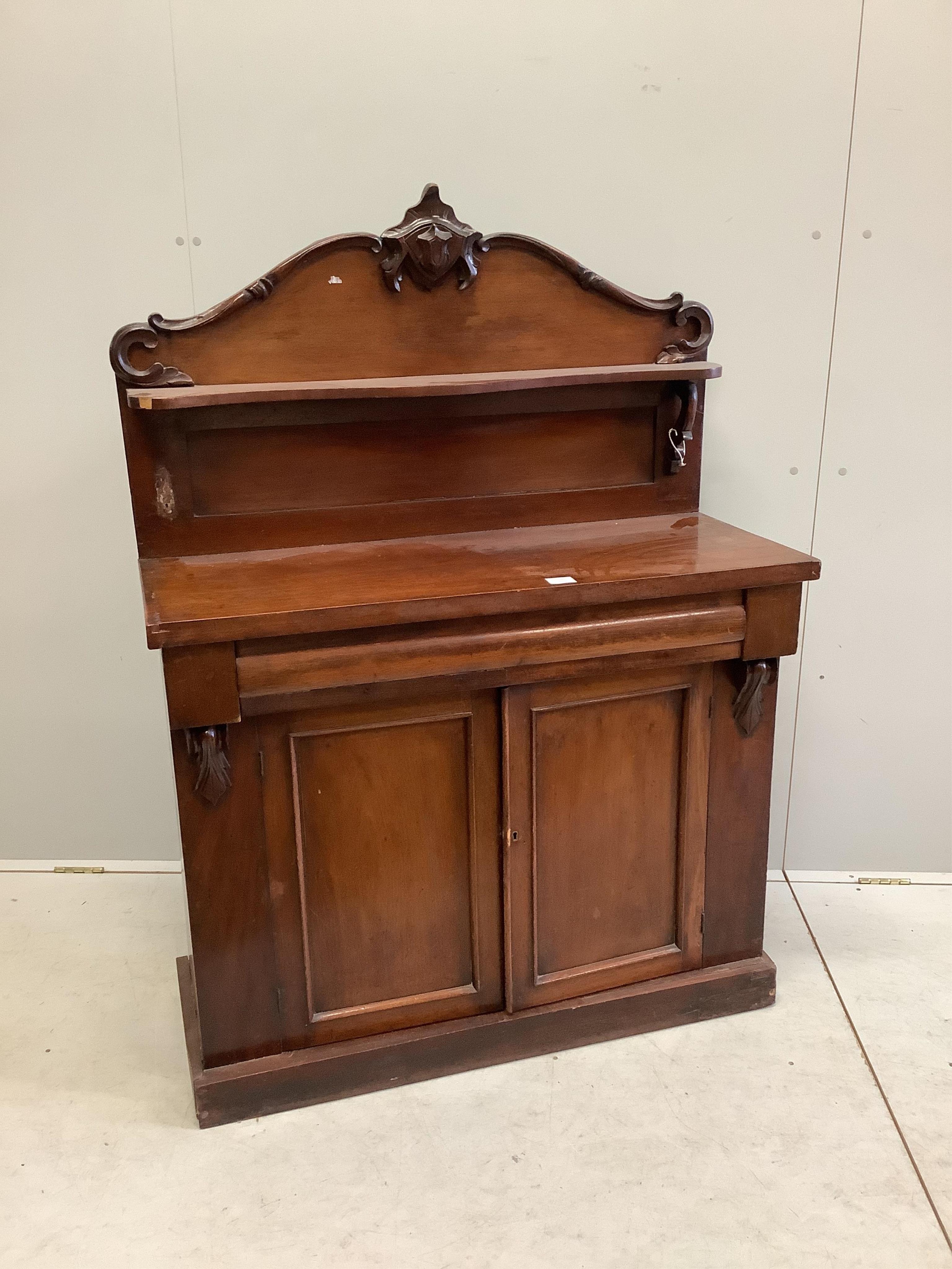 A Victorian mahogany chiffonier, width 102cm, depth 42cm, height 136cm. Condition - poor